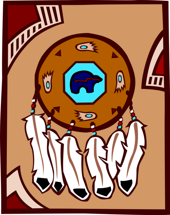 Vector Illustration of Native American Victory Shield Folk Art with Eagle Feathers