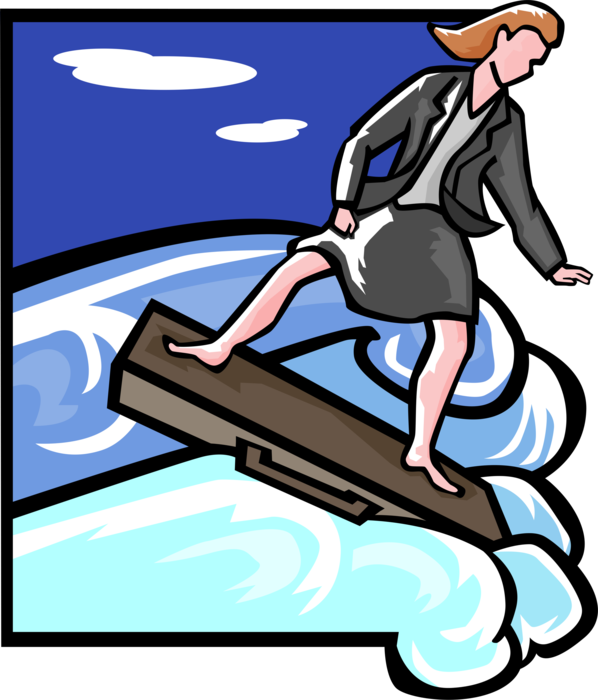Vector Illustration of Businesswoman Surfs Internet Online World Wide Web with Surfboard
