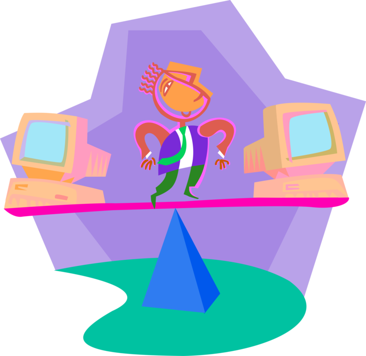 Vector Illustration of Businessman Balancing Information Technology Computers