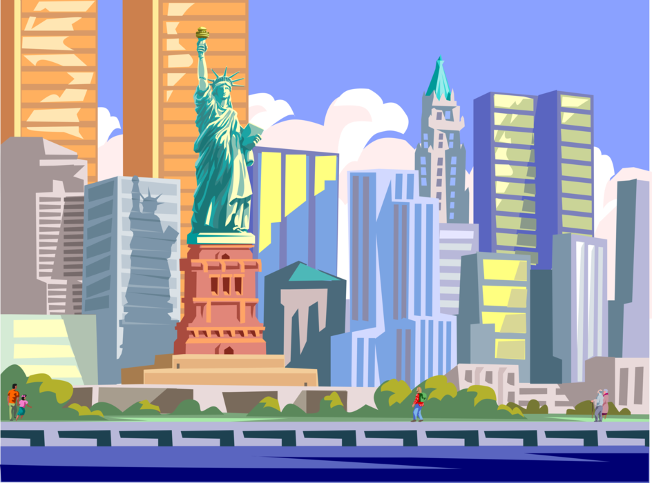 Vector Illustration of The Statue of Liberty, New York City Pre 9/11 with Twin Towers
