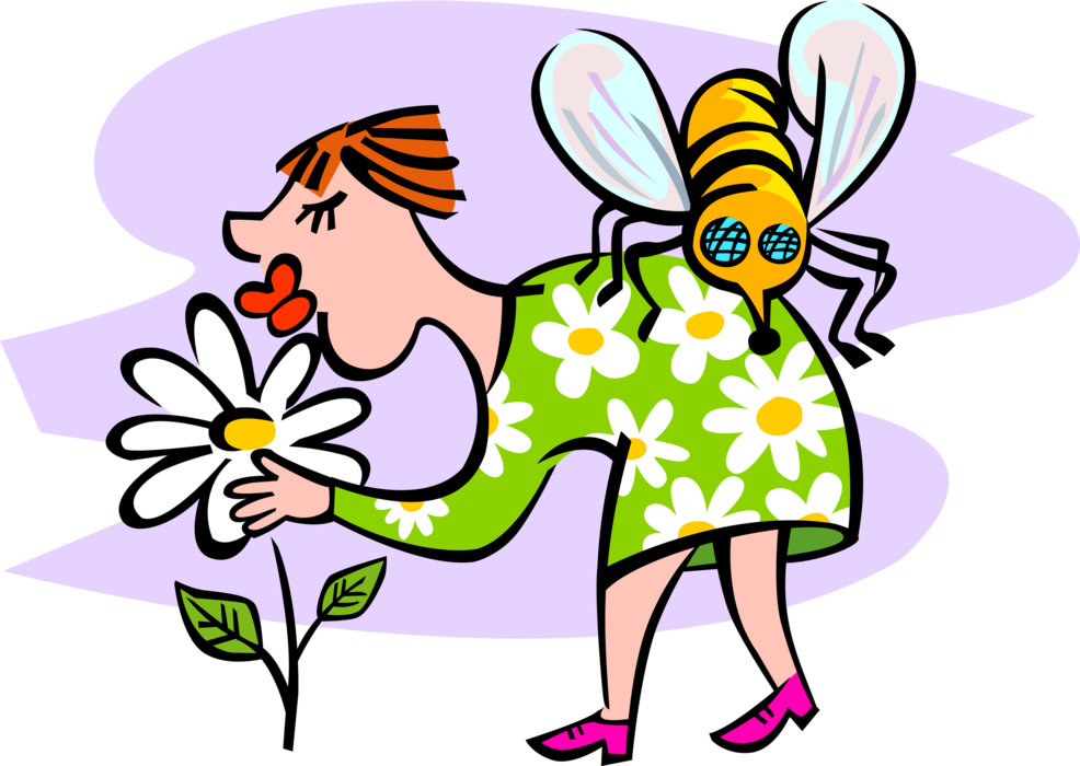 Vector Illustration of Woman Smelling the Flowers with Bumblebee Landing