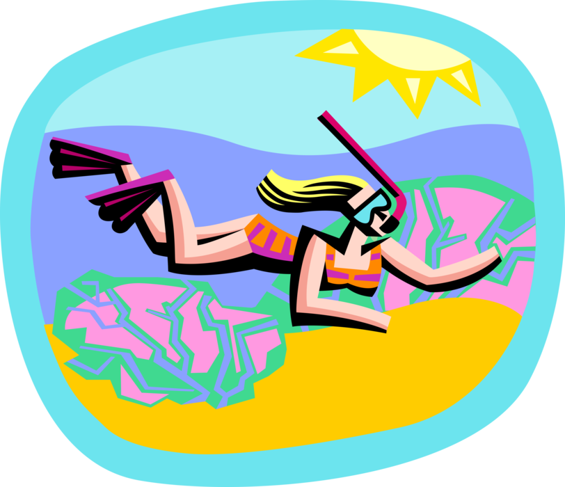 Vector Illustration of Snorkeler Snorkeling with Mask and Fins at Coral Reef