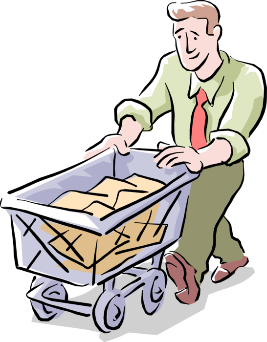 Vector Illustration of Office Mailroom Clerk Worker Delivers the Office Mail in Cart