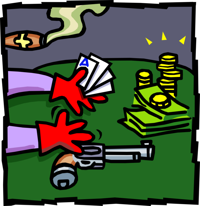 Vector Illustration of Casino Gambling Games of Chance Poker Game Holding Aces with Handgun and Cash