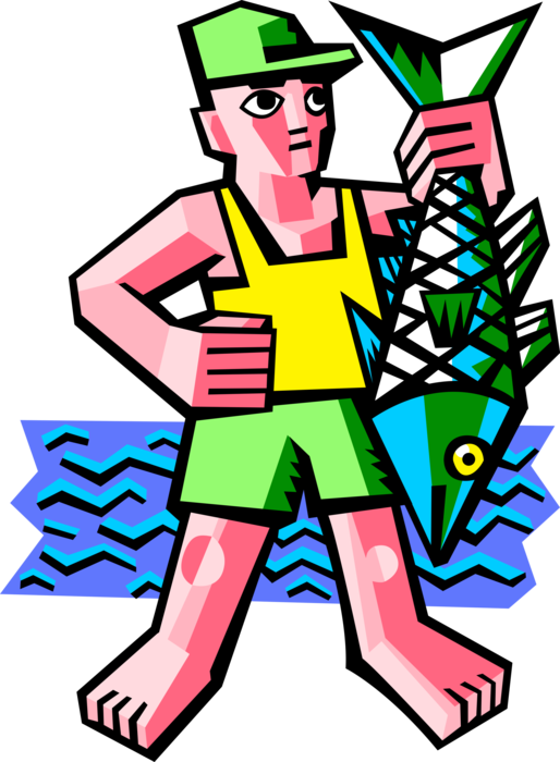 Vector Illustration of Sport Fisherman Angler Shows Off Fish he Caught While Fishing