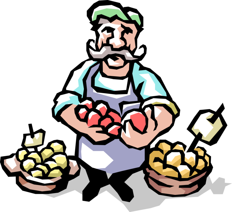 Vector Illustration of Joe the Fresh Fruit Market Vendor with Arms full of Apples