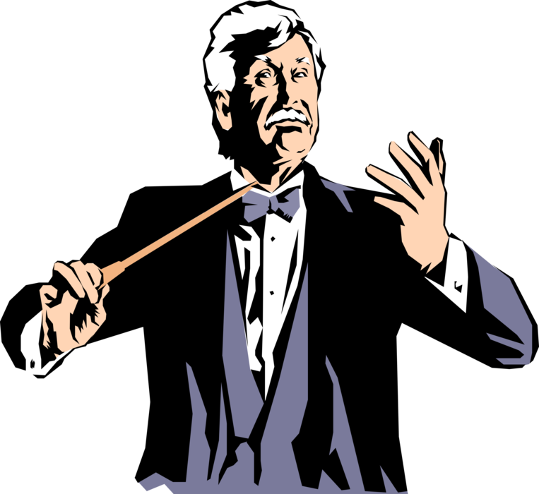 Vector Illustration of Music Conductor Maestro Leads Orchestra with Baton