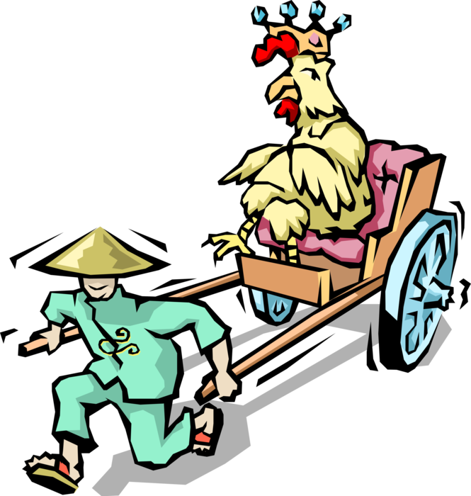 Vector Illustration of Chinese Peasant Pulls Rickshaw Passenger Cart with Chicken Poultry