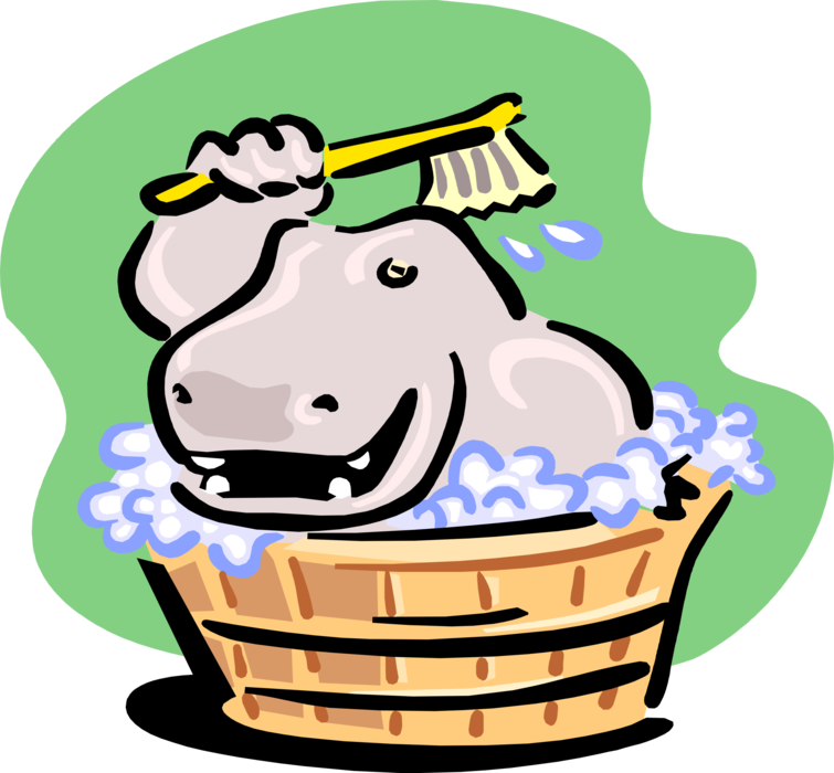Vector Illustration of Hippo in Bathtub with Scrub Brush Having Bath