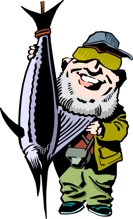 Vector Illustration of Bearded Fisherman Angler with Marlin Swordfish Catch