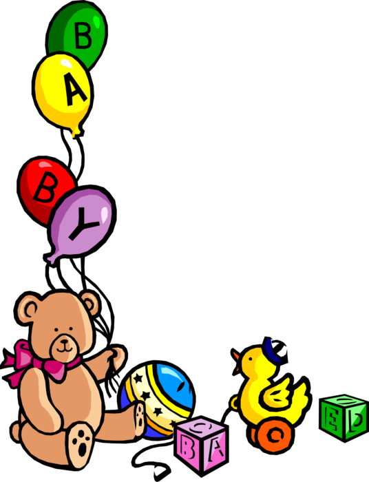 Vector Illustration of Teddy Bear Stuffed Animal Toy with Baby Balloons and Toys