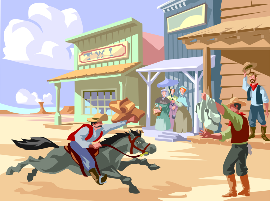 Vector Illustration of American Old West Pony Express Arrives with Mail by Horseback