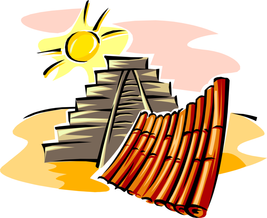 Vector Illustration of Pan Flute with Mesoamerican Teotihuacán Step Pyramid and Blazing Sun