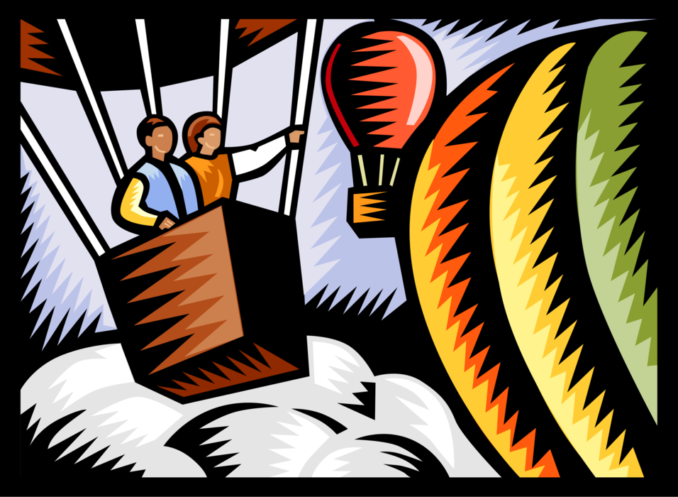 Vector Illustration of Hot Air Balloons with Gondola Wicker Basket Carries Passengers Aloft