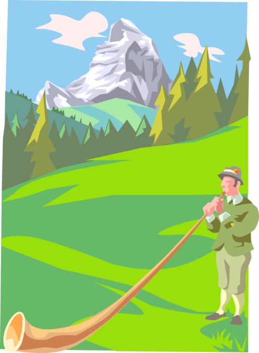 Vector Illustration of Swiss Alphorn or Alpenhorn Alpine Horn Blower Plays in Swiss Alps