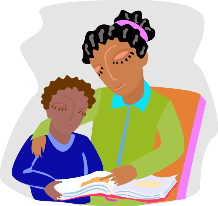 Vector Illustration of Mother and Son Reviewing School Homework Lessons
