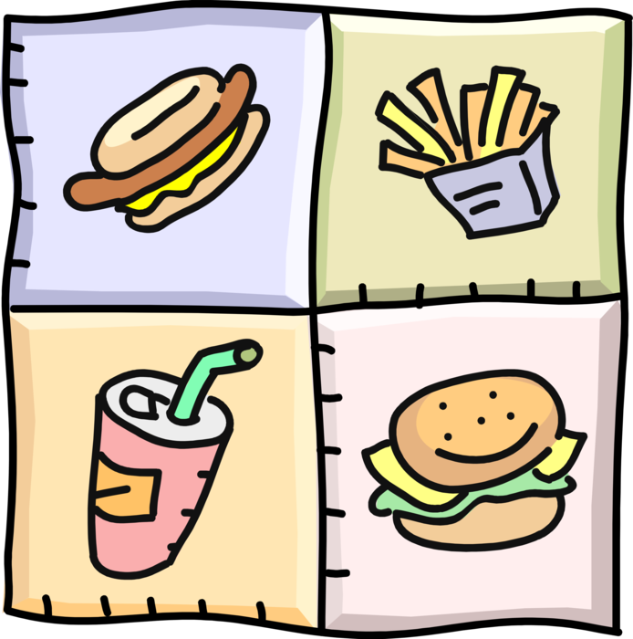 Vector Illustration of Fast Food Hotdog, French Fries, Soft drink Soda and Hamburger