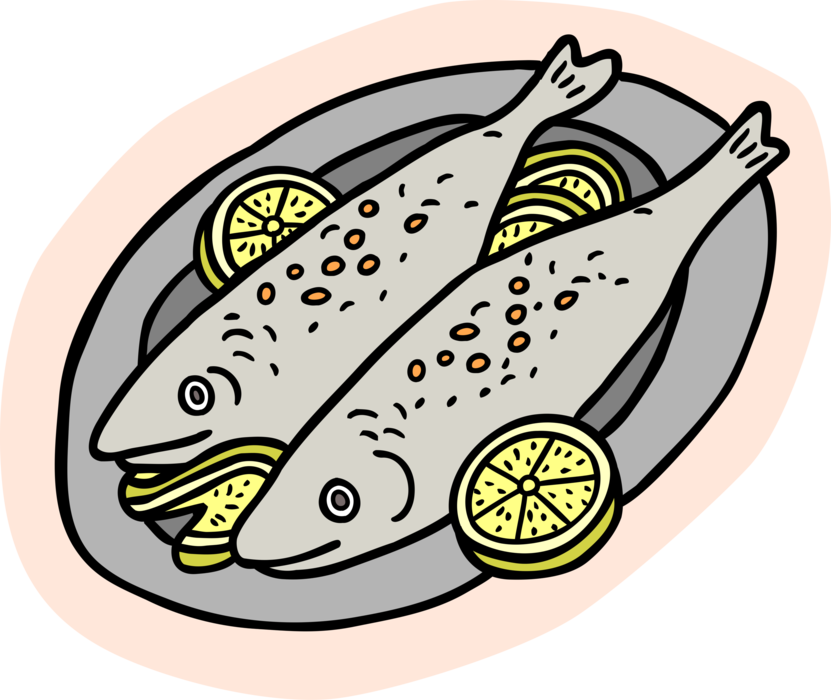 Vector Illustration of Baked Fresh Fish Dinner with Citrus Lemon Slices