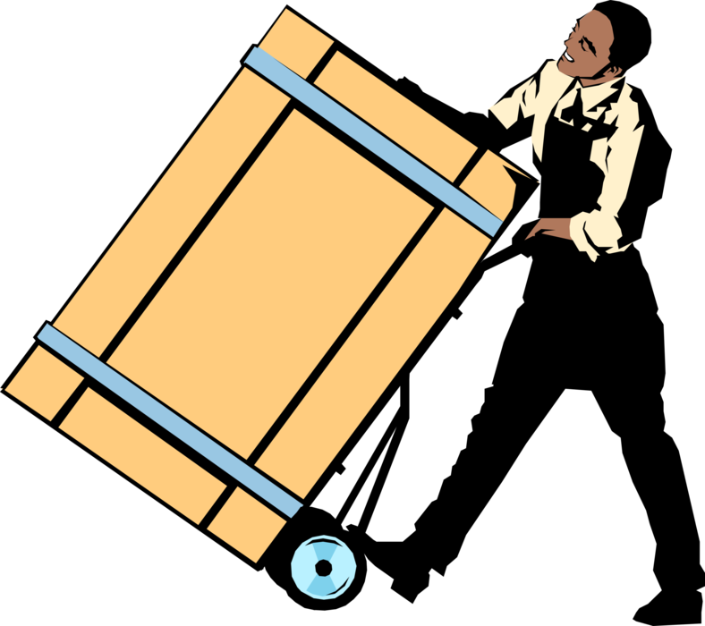 Vector Illustration of Warehouse Worker with Wooden Crate on Handcart Dolly