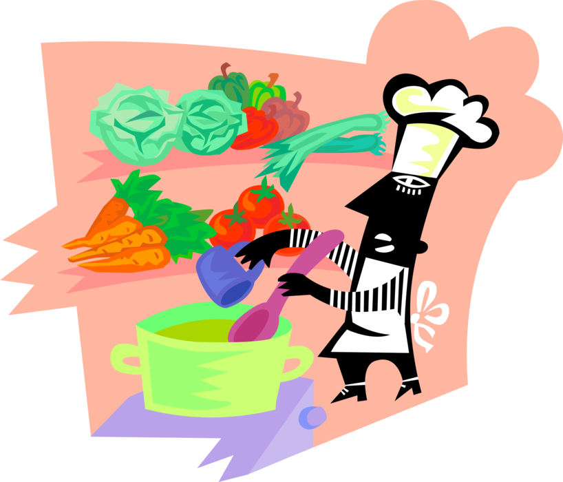 Vector Illustration of Culinary Cuisine Restaurant Chef in Kitchen with Fresh Vegetable Ingredients Makes Soup
