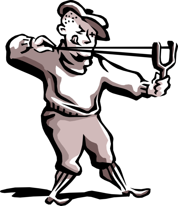 Vector Illustration of 1950's Vintage Style Delinquent Kid Firing Rock in Slingshot