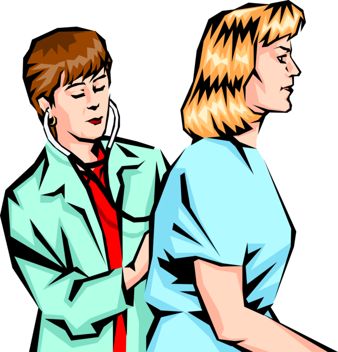 Vector Illustration of Physician Examining Patient Uses Stethoscope to Listen to Heartbeat