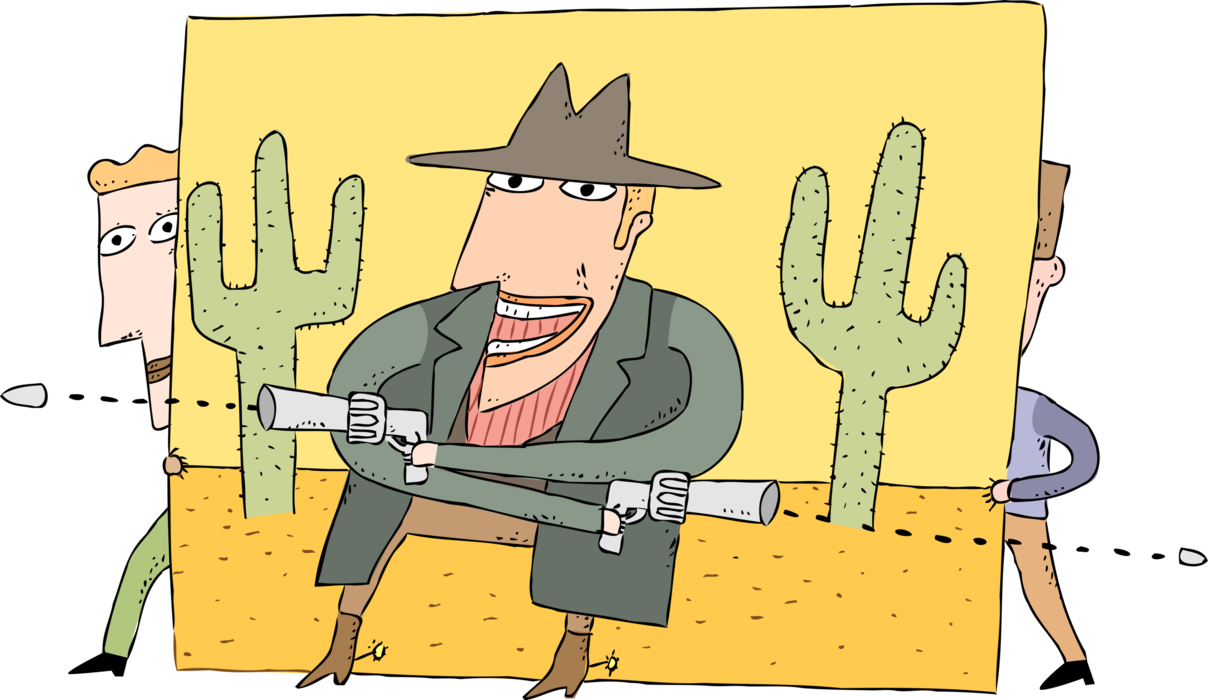Vector Illustration of Western Movie Film Bad Guy Shoots Guns in All Directions