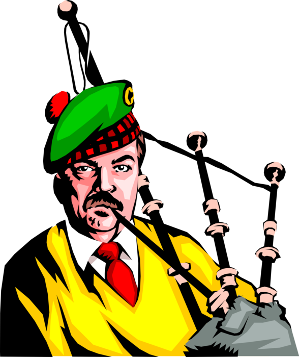 Vector Illustration of Scottish Man in Tam O'Shanter Hat Plays the Bagpipes
