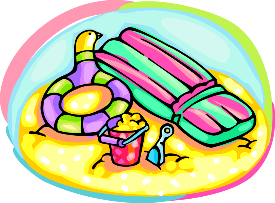 Vector Illustration of Day at the Beach Toys with Inflatable Rafts and Pail with Shovel