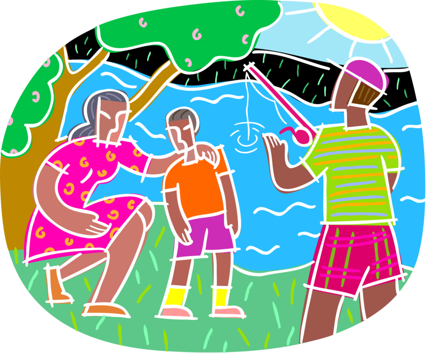Vector Illustration of Young Boys Fishing with Mother in River on Summer Day