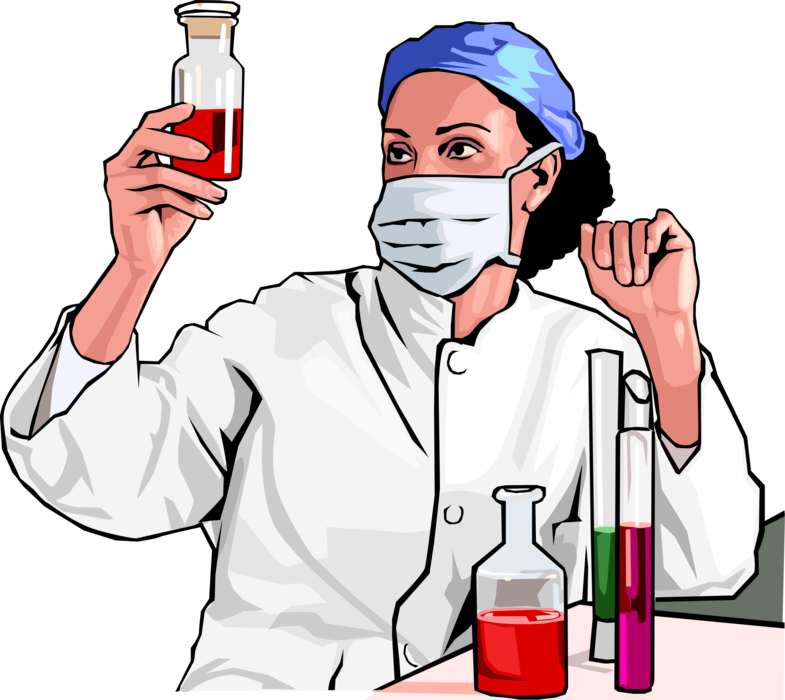 Vector Illustration of Laboratory Research Chemist with Test Tube and Flasks Checks Beaker