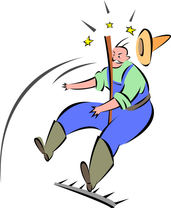 Vector Illustration of Farmer Steps on Rake in Farm Accident