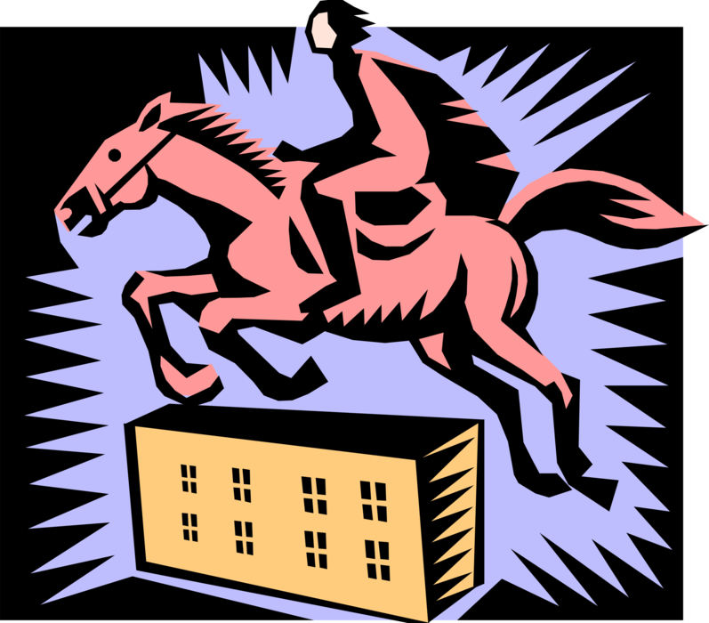 Vector Illustration of Equestrian Rider on Horse Jumping Obstacle Building