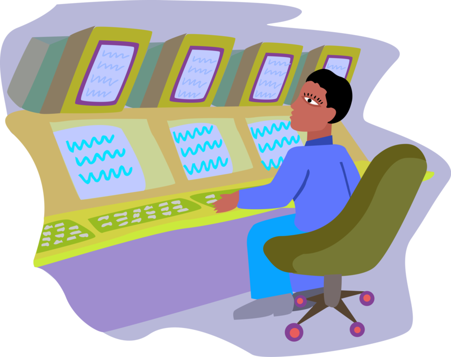 Vector Illustration of Man in Control Room Monitoring Systems