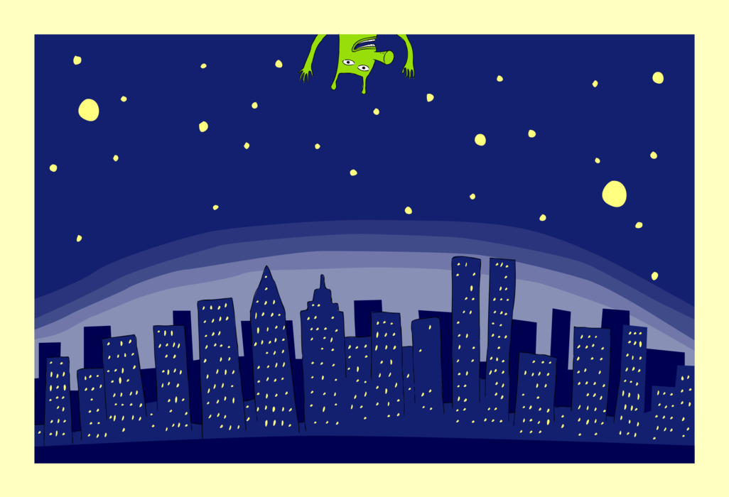 Vector Illustration of Urban Metropolitan City Lights at Night with Space Alien