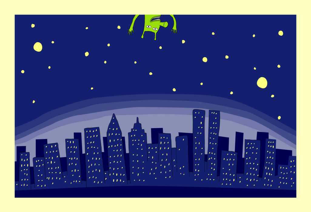 Vector Illustration of Urban Metropolitan City Lights at Night with Space Alien