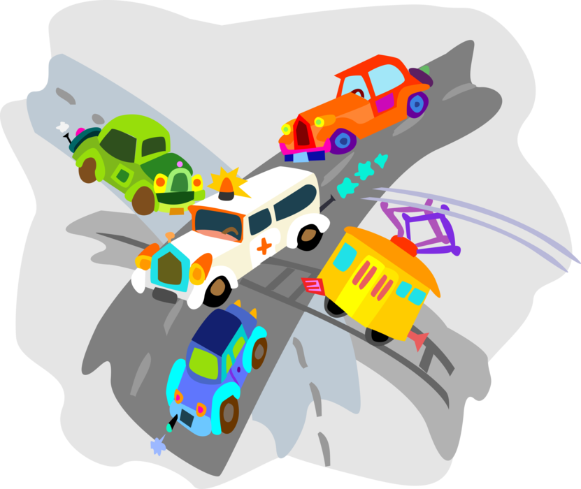 Vector Illustration of Emergency Medical Service Ambulance Transports Sick and Injured People Through Traffic