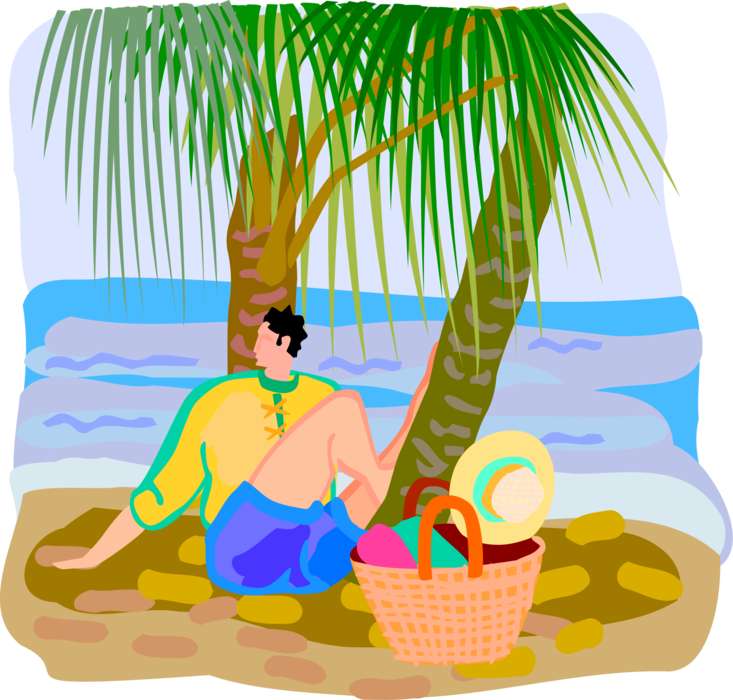 Vector Illustration of Tourist Relaxes on Beach with Palm Trees and Ocean During Vacation Holiday