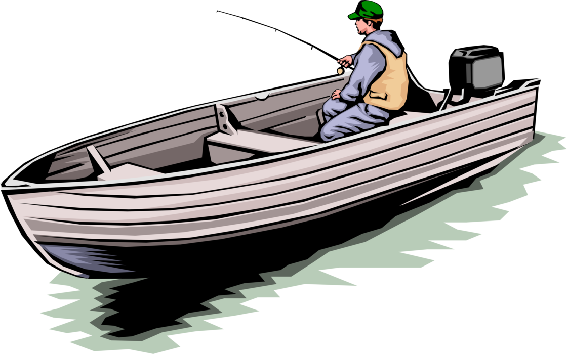 Vector Illustration of Sport Fisherman Angler in Motorized Fishing Boat