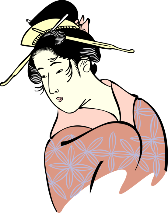 Vector Illustration of Japanese Courtesan Geisha Hostess in Traditional Garment Kimono Dress