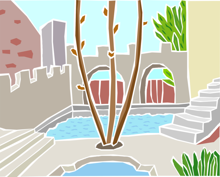 Vector Illustration of Outdoor Swimming Pool with Walkway and Trees