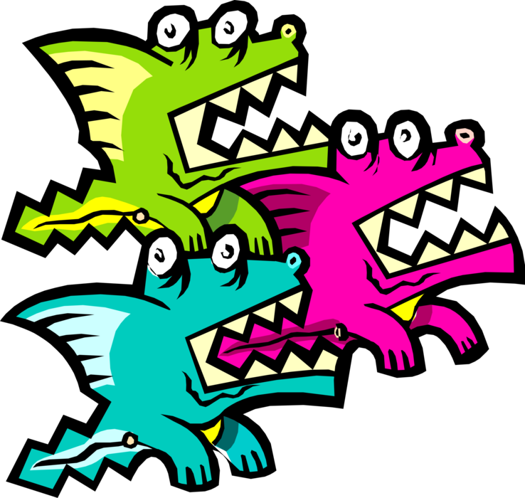 Vector Illustration of Three Cartoon Dragons Growl