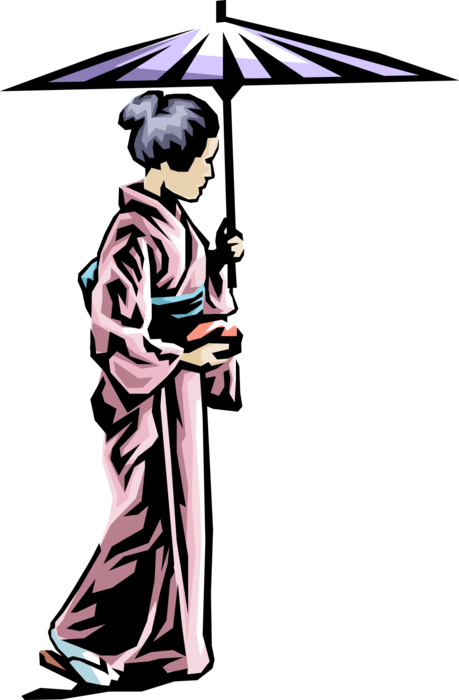Vector Illustration of Japanese Geisha in Kimono with Parasol Umbrella