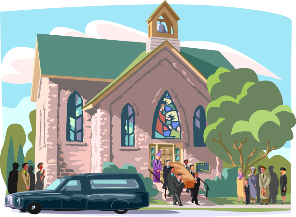 Vector Illustration of Funeral Procession with Coffin Leaving Church