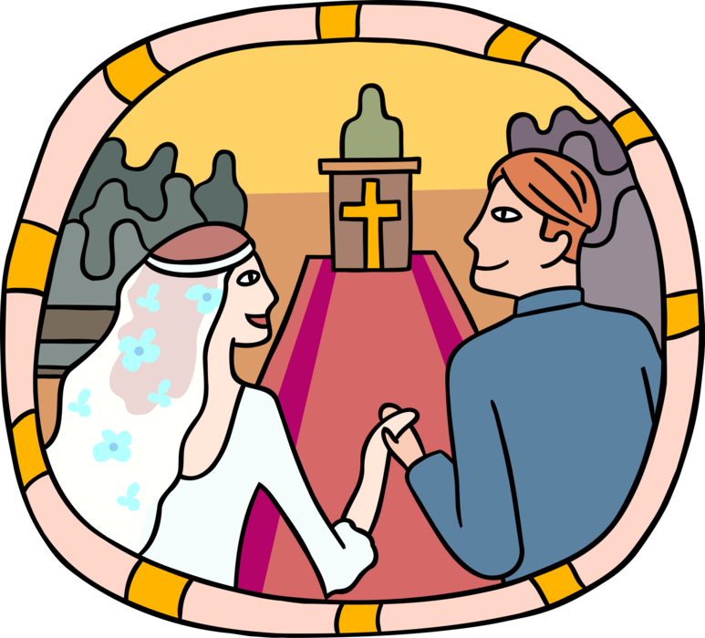 Vector Illustration of Wedding Day Bride and Groom Walk Down the Aisle for Matrimony Marriage