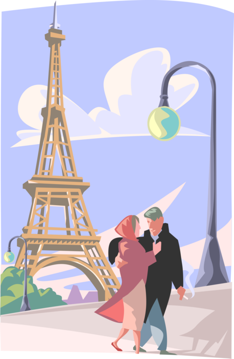Vector Illustration of Romantic Lovers Near Eiffel Tower, Paris, France
