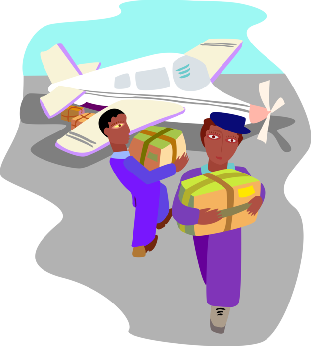 Vector Illustration of Air Cargo Unloaded From Propeller Airplane by Airport Baggage and Handling Crew
