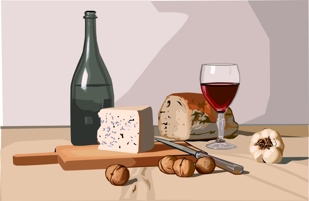 Vector Illustration of Red Wine Bottle and Glass with Blue Cheese, Fresh Bread, Garlic and Walnuts