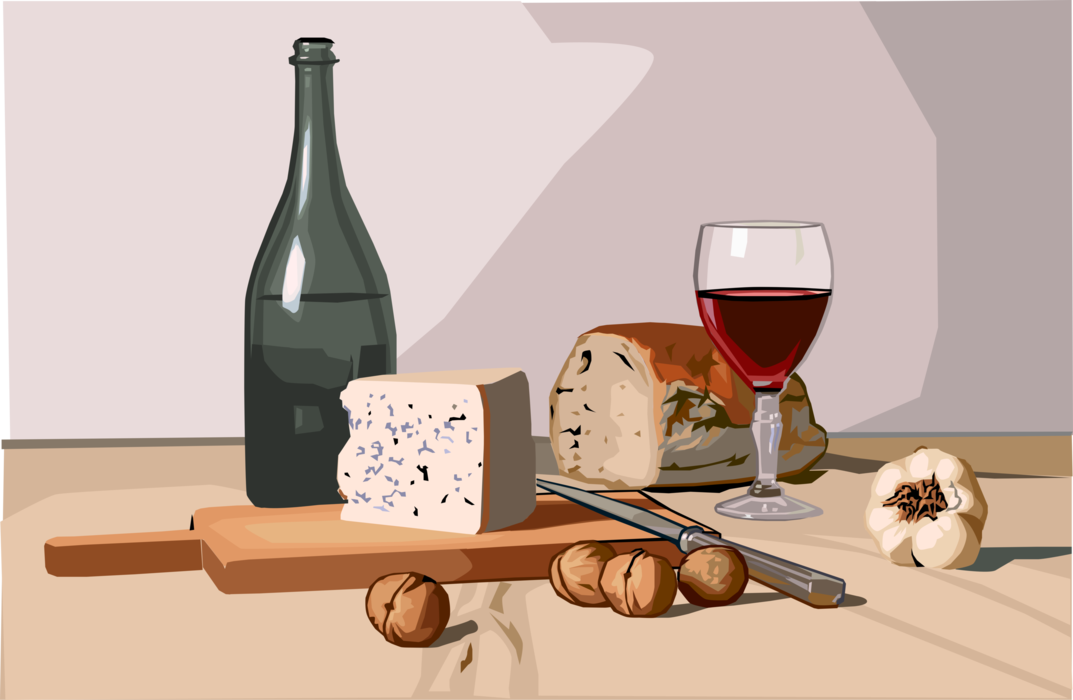 Vector Illustration of Red Wine Bottle and Glass with Blue Cheese, Fresh Bread, Garlic and Walnuts