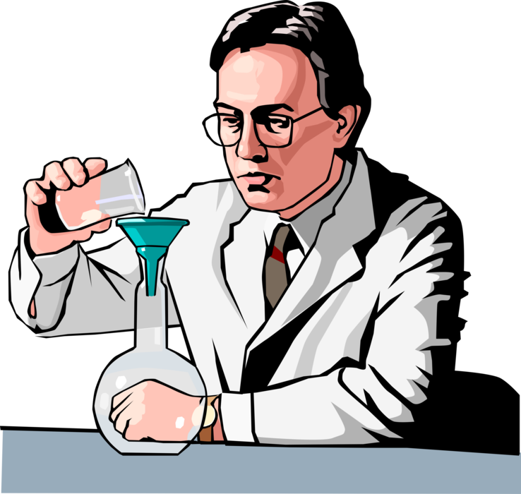 Vector Illustration of Research Chemist Transfers Liquid into Glass Flask with Beaker and Funnel